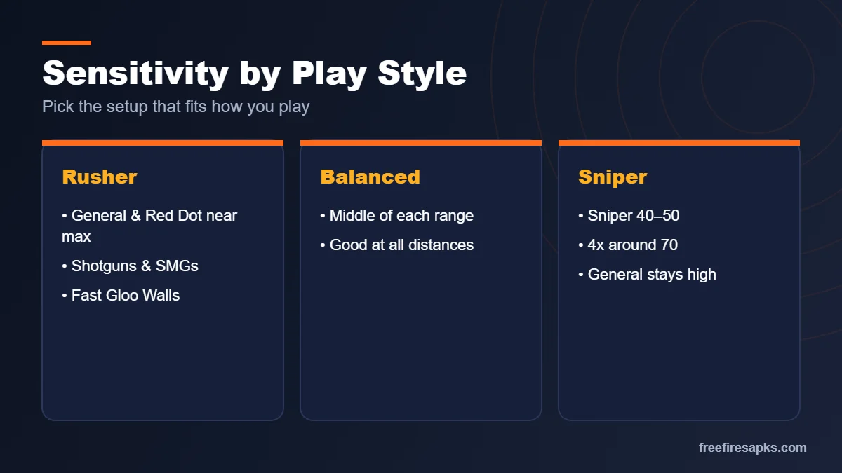 Free Fire MAX sensitivity settings for rusher, balanced and sniper play styles